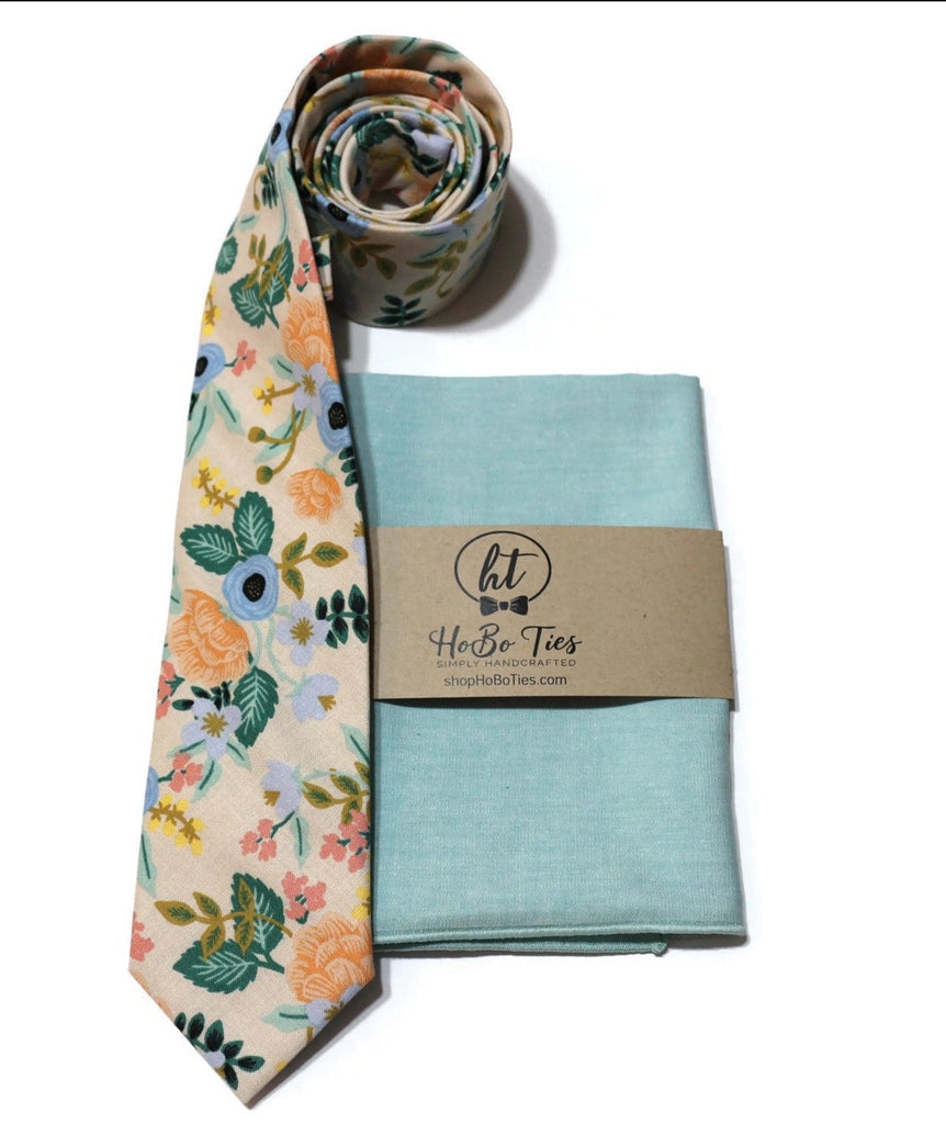 Blush Birch Floral Necktie paired with a matching pocket square, showcasing handcrafted neckties and handmade accessories for men.