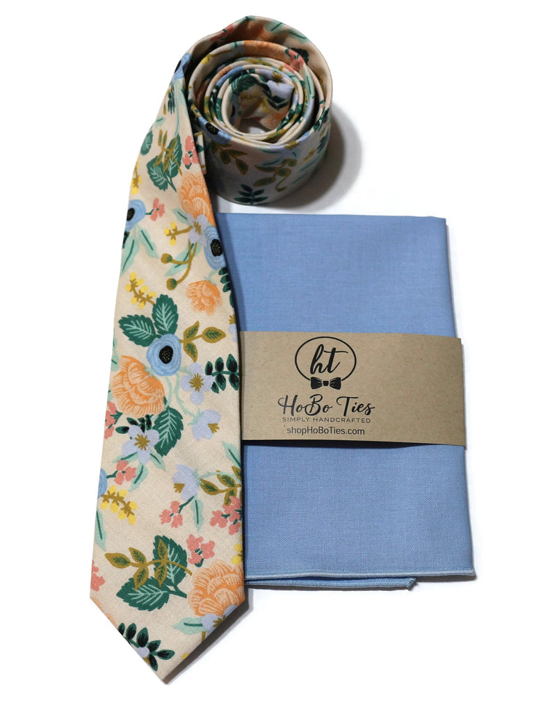 Blush Birch Floral Necktie with matching pocket square, handcrafted neckties for men and boys formal wear accessories.
