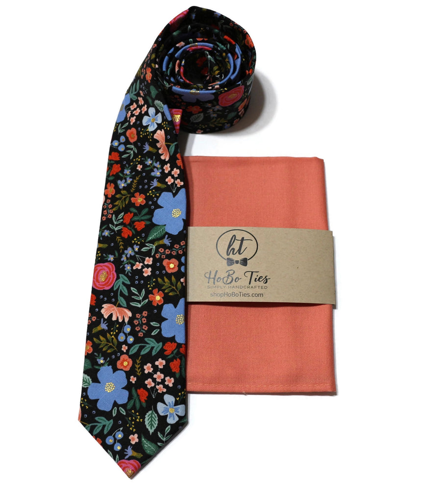 Black Wild Rose Floral Necktie with matching linen pocket square, perfect for men's formal wear accessories.