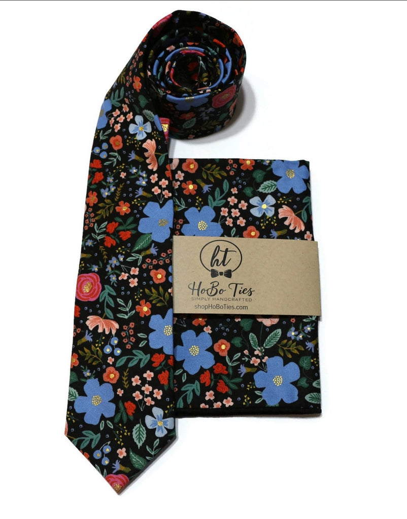 Black Wild Rose Floral Necktie featuring vibrant floral design, handcrafted neckties, and matching pocket square for men and boys.