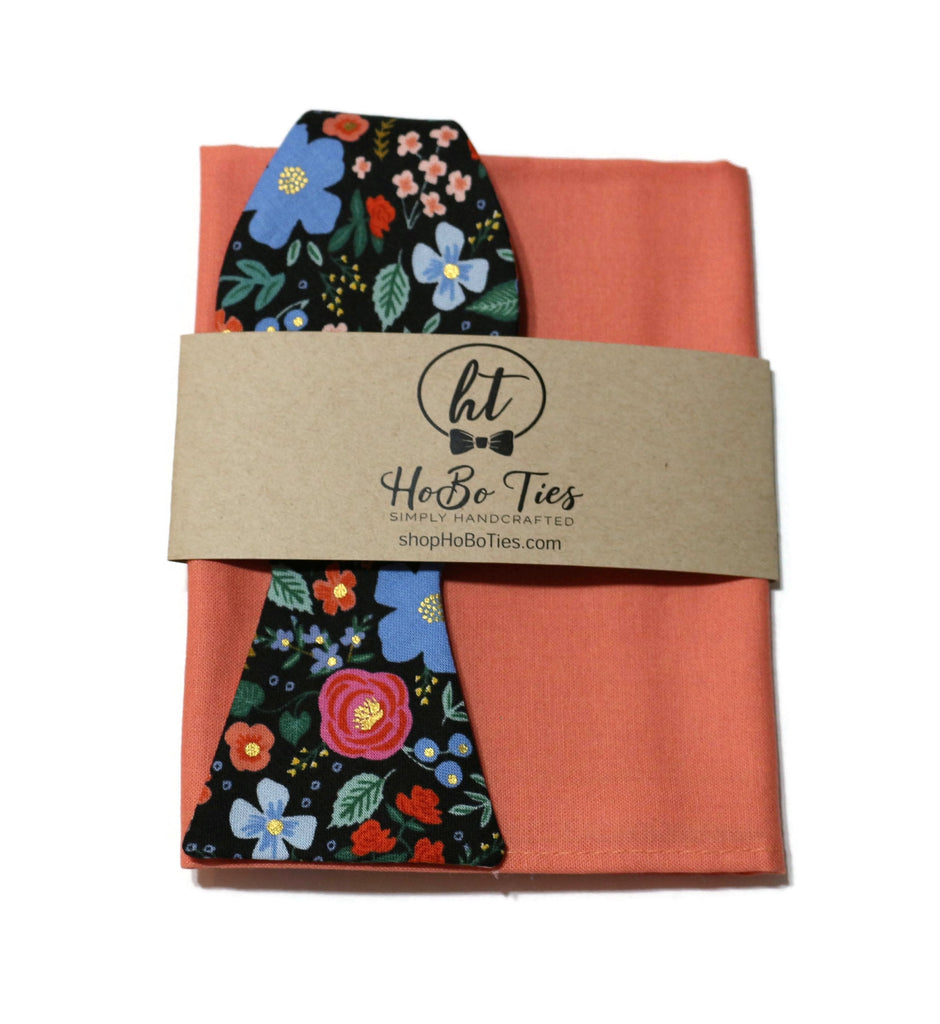 Black Wild Rose Floral Bow Tie paired with a coral pocket square, handcrafted neckties for men.