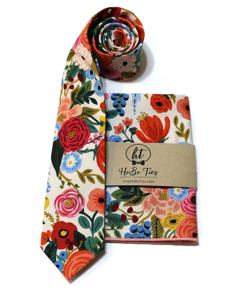 Cream Garden Party Floral Necktie with matching pocket square, handcrafted neckties for men and boys, unique floral patterns.