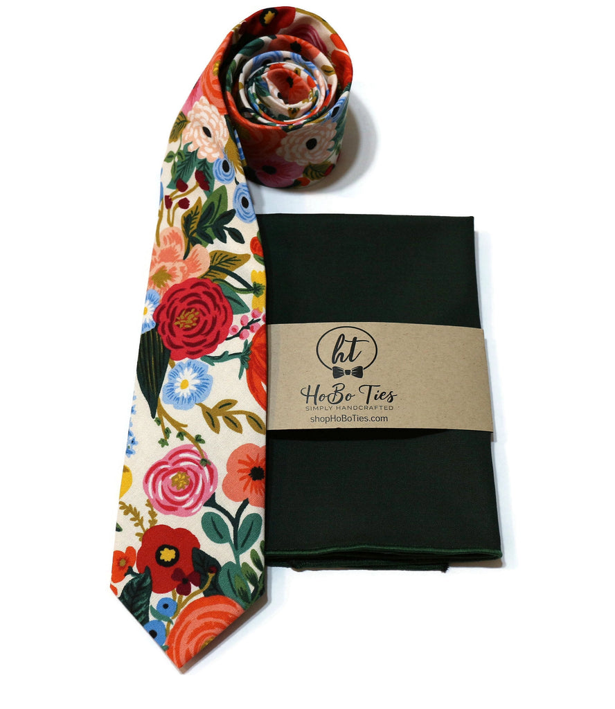 Cream Garden Party Floral Necktie alongside matching pocket square, showcasing handcrafted neckties for men and boys.