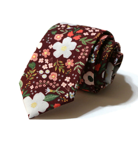 Burgundy Wild Rose Floral Necktie showcasing handcrafted design with colorful floral patterns, perfect for formal wear accessories men.