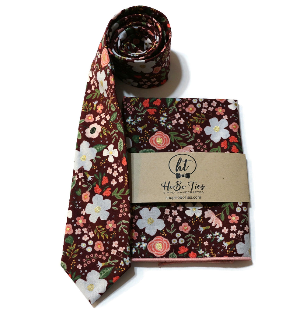 Burgundy Wild Rose Floral Necktie with matching pocket square, handcrafted neckties for men and boys.