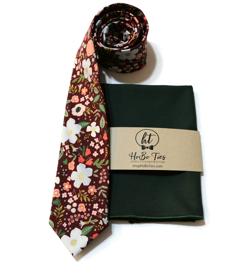 Burgundy Wild Rose Floral Necktie with matching pocket square, handcrafted neckties for men and boys, unique wedding accessories.