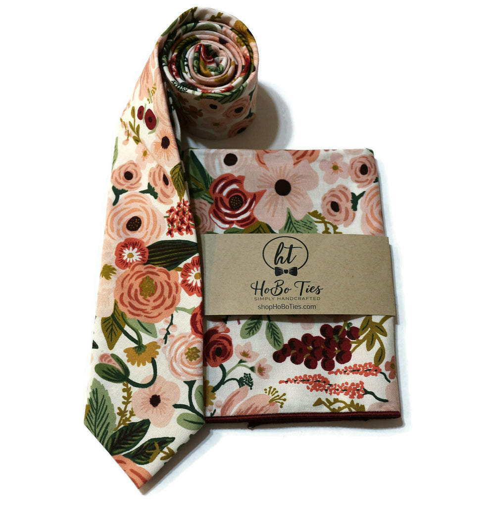 Rose Garden Party Floral Necktie with matching pocket square, handcrafted neckties made from floral fabric.