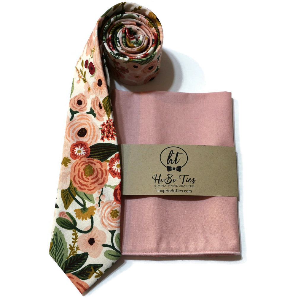 Rose Garden Party Floral Necktie with matching pocket square, perfect for weddings and special occasions, handcrafted neckties.
