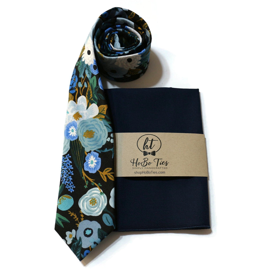Blue Garden Party Floral Necktie with matching pocket square, handcrafted neckties for men and boys, wedding accessories for men.