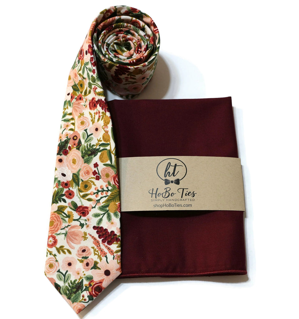 Rose Garden Party Petite Floral Necktie with matching pocket square, perfect for men’s formal wear accessories.