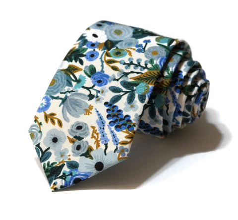 Blue Garden Party Petite Floral Necktie, handcrafted neckties featuring floral design for weddings and special occasions.