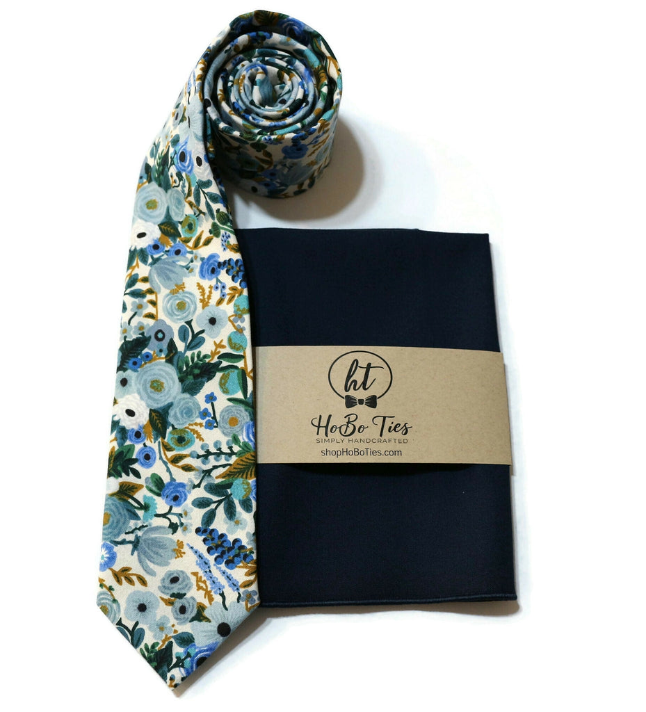 Blue Garden Party Petite Floral Necktie with matching pocket square, handcrafted neckties for men and boys.