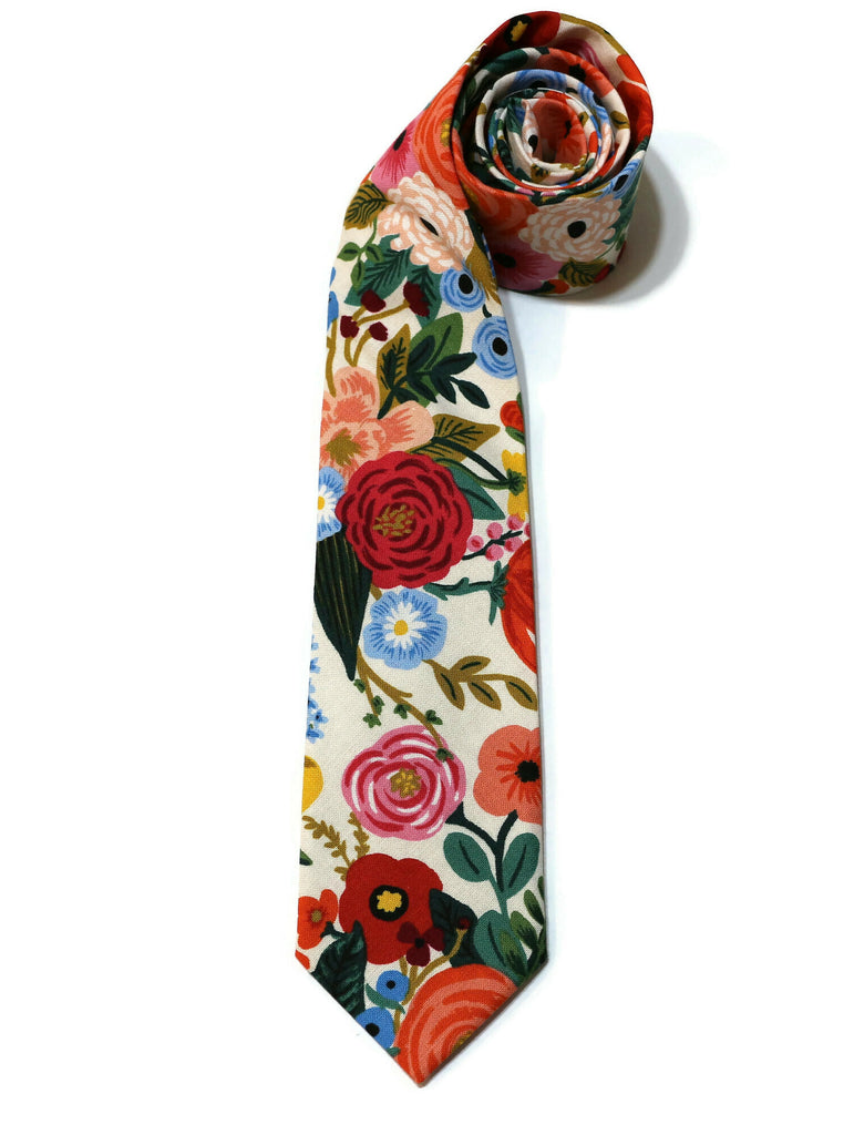 Cream Garden Party Floral Necktie - handcrafted neckties with vibrant floral design, perfect for weddings and formal events.