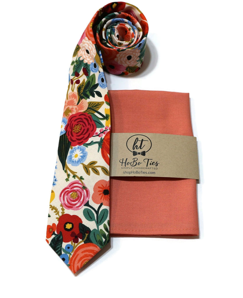 Cream Garden Party Floral Necktie with matching pocket square, handcrafted neckties for weddings and formal events.