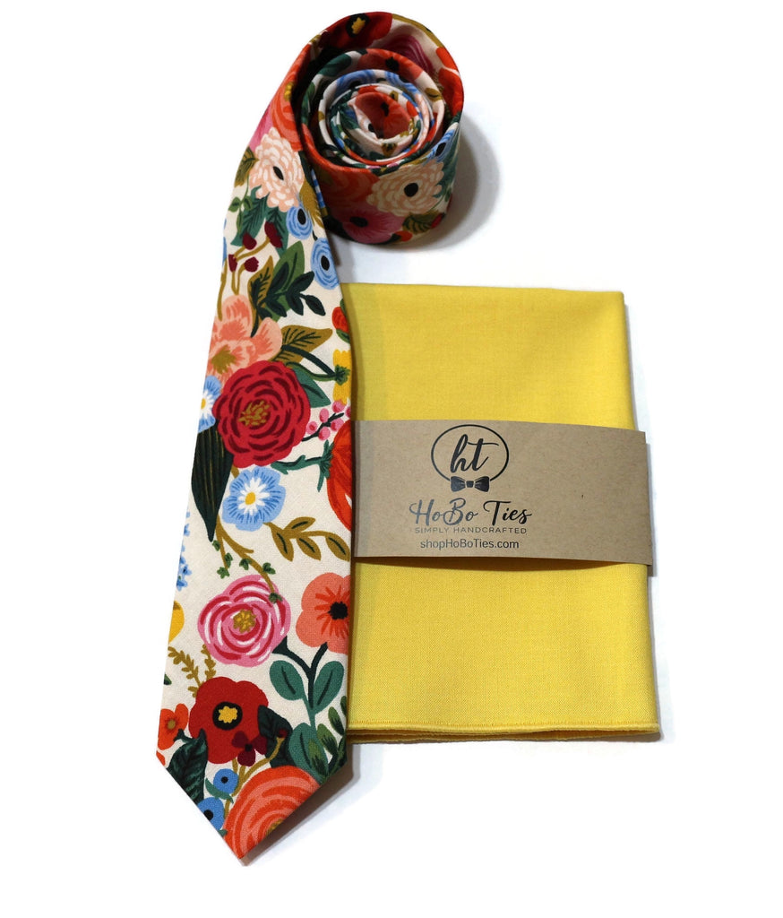 Cream Garden Party Floral Necktie with matching pocket square, handcrafted neckties for men and boys, unique floral design.