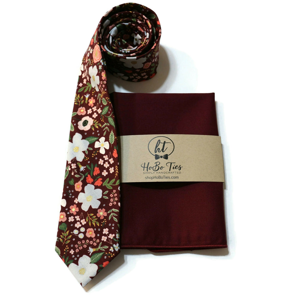 Burgundy Wild Rose Floral Necktie with matching pocket square, perfect for weddings and special occasions.