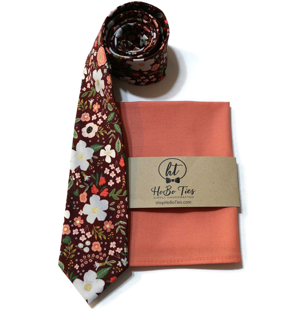 Burgundy Wild Rose Floral Necktie with matching pocket square, handcrafted neckties and handmade men's accessories.