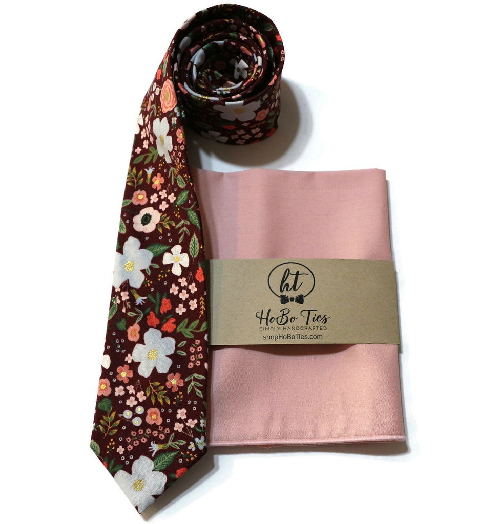 Burgundy Wild Rose Floral Necktie with matching pocket square, handcrafted neckties for men and boys, floral neckwear accessories.