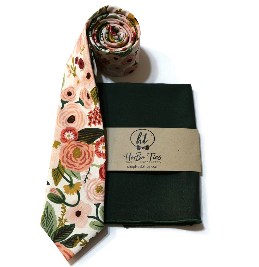 Rose Garden Party Floral Necktie paired with a green pocket square, handcrafted neckties for men and boys, floral neckties.
