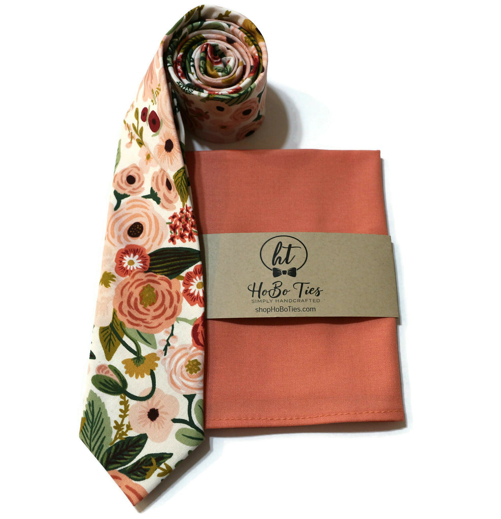 Rose Garden Party Floral Necktie with matching pocket square handmade from cotton for men and boys, a perfect wedding accessory.