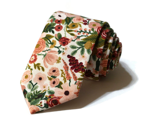 Rose Garden Party Petite Floral Necktie handcrafted neckties with vibrant floral design for weddings and formal occasions.