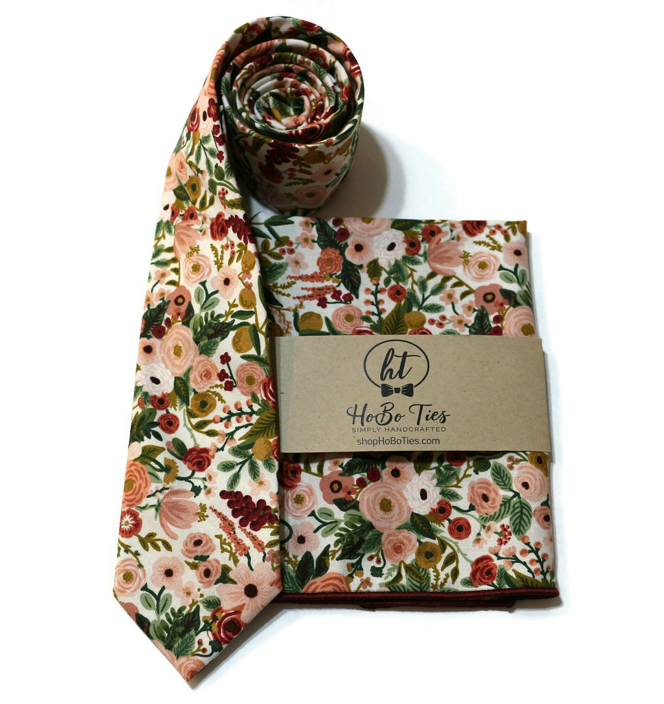 Rose Garden Party Petite Floral Necktie with matching pocket square, handcrafted neckties for men, floral neckwear.