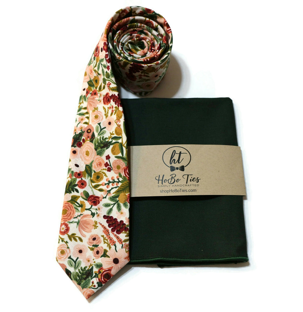 Rose Garden Party Petite Floral Necktie displayed with coordinating pocket square, handcrafted neckties and handmade men’s accessories USA.