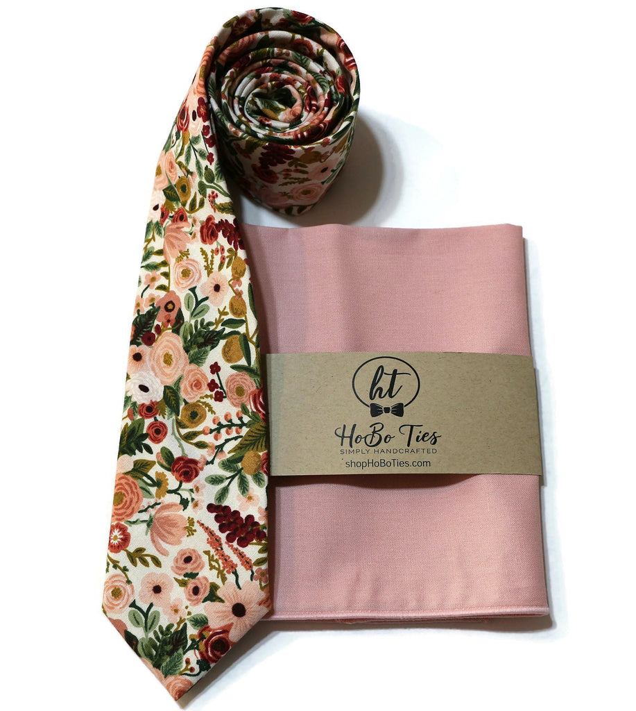 Rose Garden Party Petite Floral Necktie with matching pocket square, perfect for men's formal wear accessories and weddings.