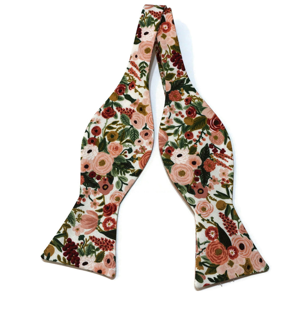 Rose Garden Party Petite Floral Bow Tie, handcrafted neckties for men, features colorful floral pattern and premium quality.