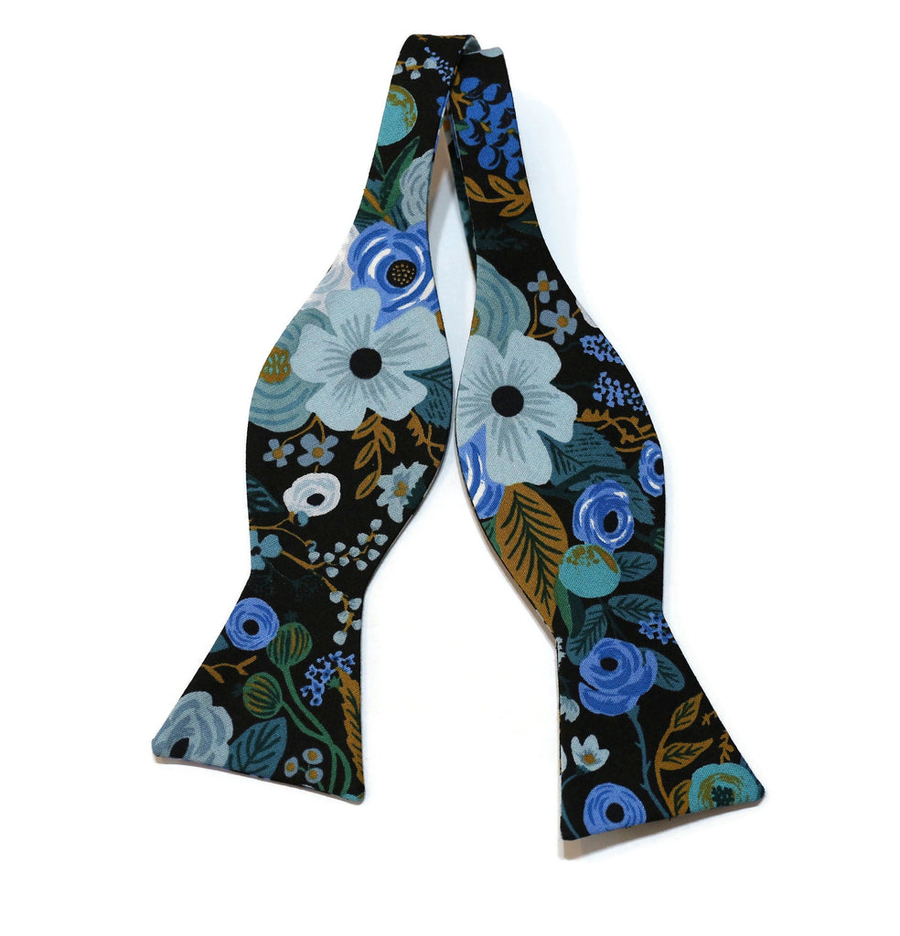 Blue Garden Party Floral Bow Tie featuring a vibrant floral pattern, perfect for men’s formal wear and wedding accessories.