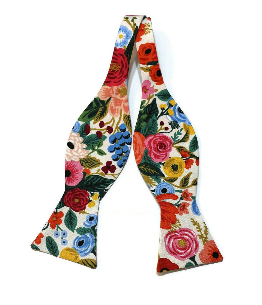 Cream Garden Party Floral Bow Tie, handcrafted neckties, handmade bow ties, floral neckties, unique bow tie patterns.