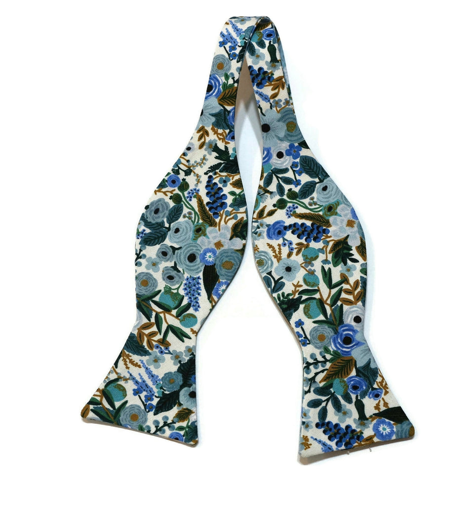 Blue Garden Party Petite Floral Bow Tie, handcrafted neckties for men, unique bow tie patterns, wedding accessories for men.