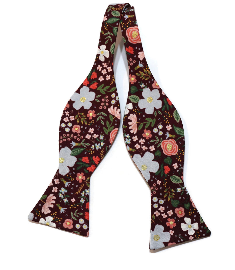 Burgundy Wild Rose Floral Bow Tie handcrafted neckties with floral pattern, perfect for men’s wedding accessories.