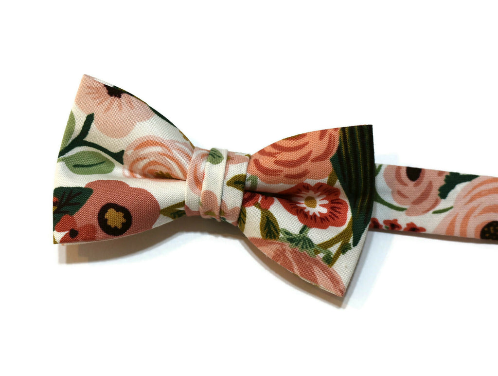 Garden Party Floral Bow Tie - Boys handmade with cotton fabric in floral pattern, perfect for formal wear and weddings.