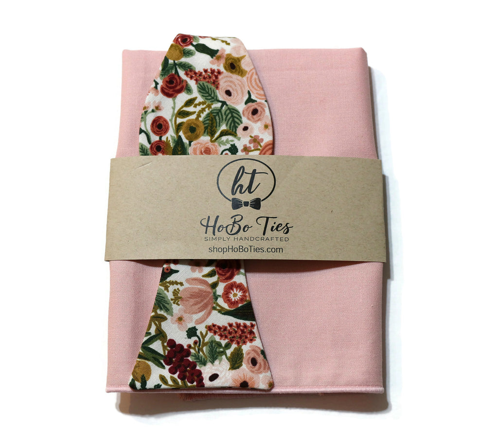 Rose Garden Party Petite Floral Bow Tie with pink pocket square, perfect for weddings and men's accessories.