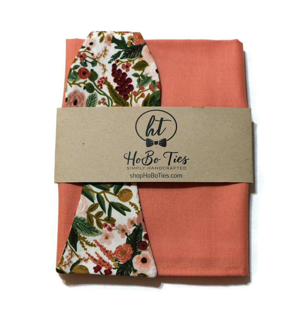 Rose Garden Party Petite Floral Bow Tie with matching pocket square handcrafted neckties by HoBo Ties.