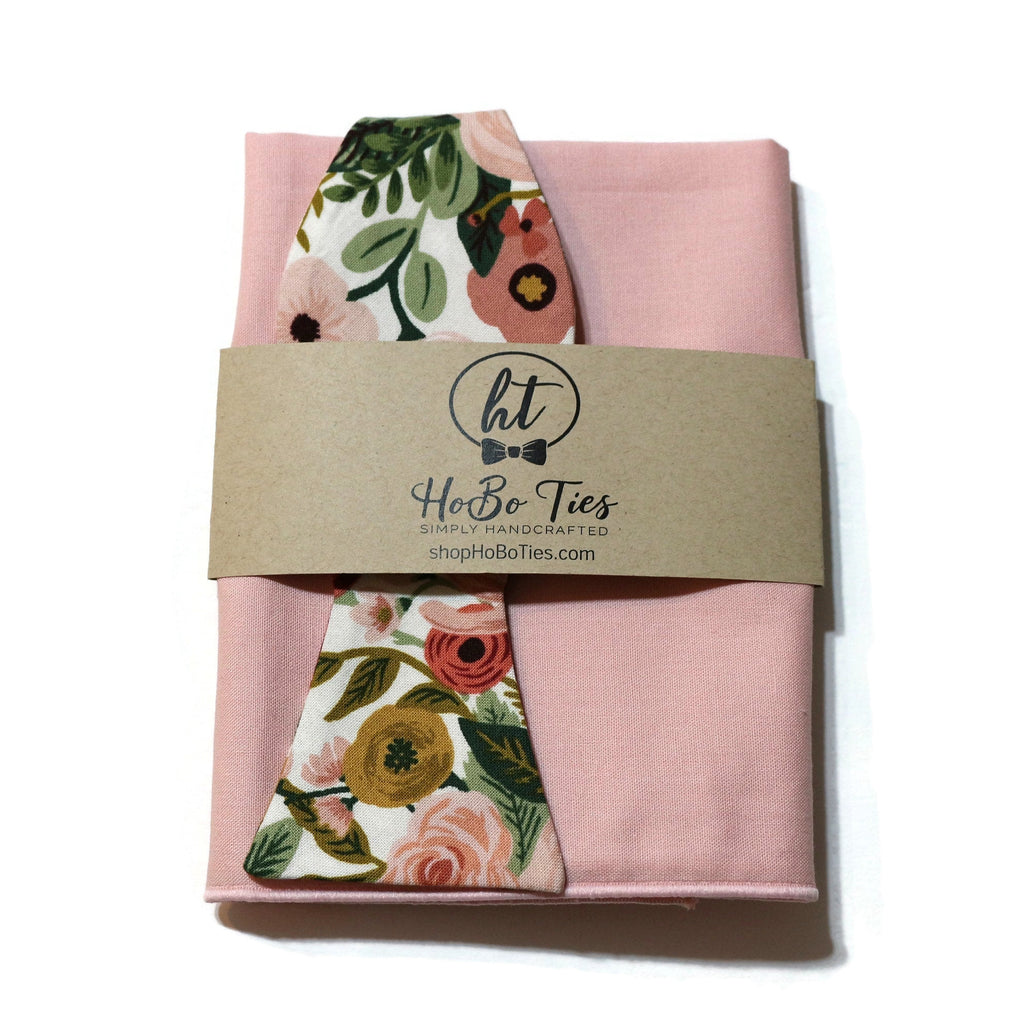 Rose Garden Party Floral Bow Tie with matching pocket square, perfect for weddings and formal events.
