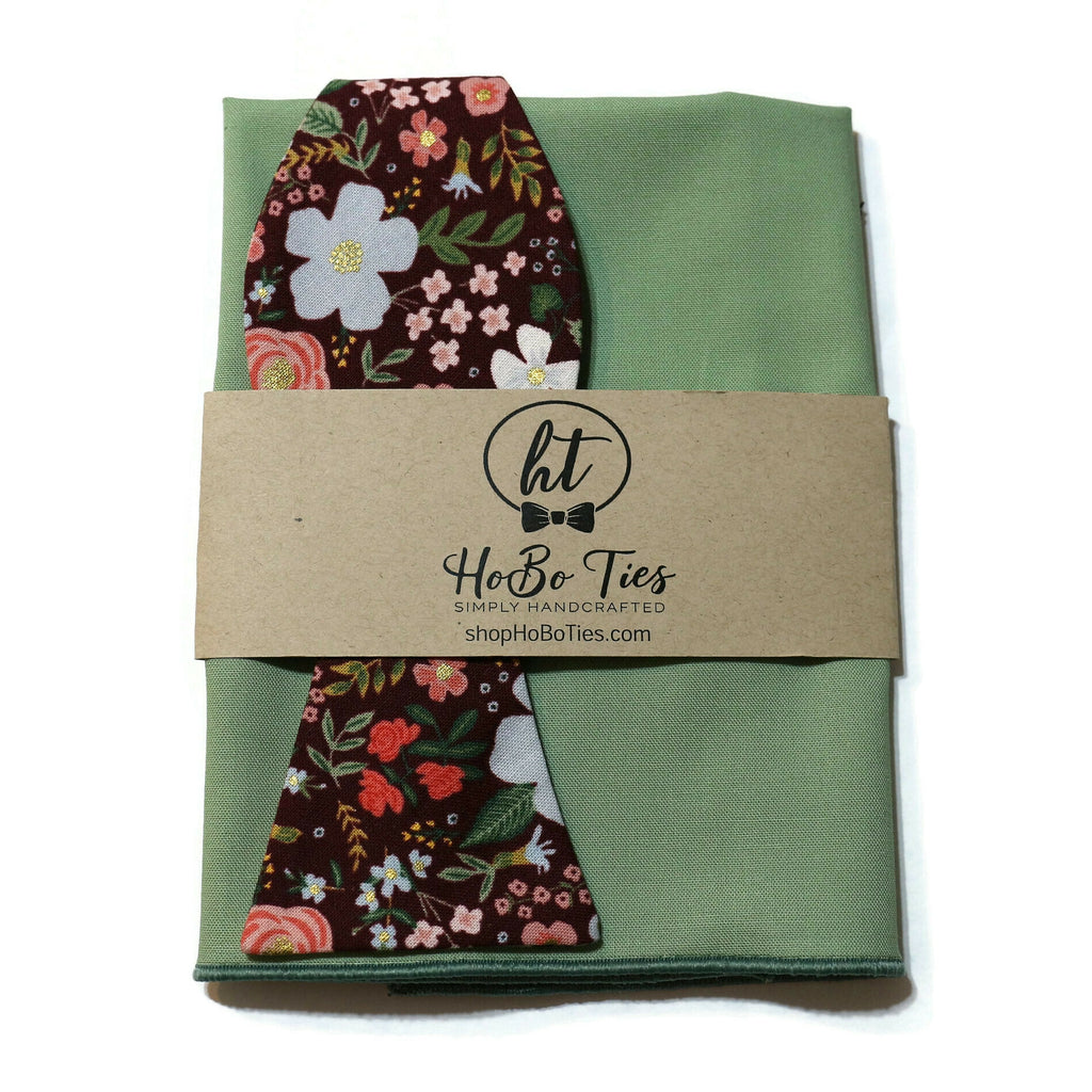 Burgundy Wild Rose Floral Bow Tie displayed with matching pocket square, handcrafted neckties for men and boys.