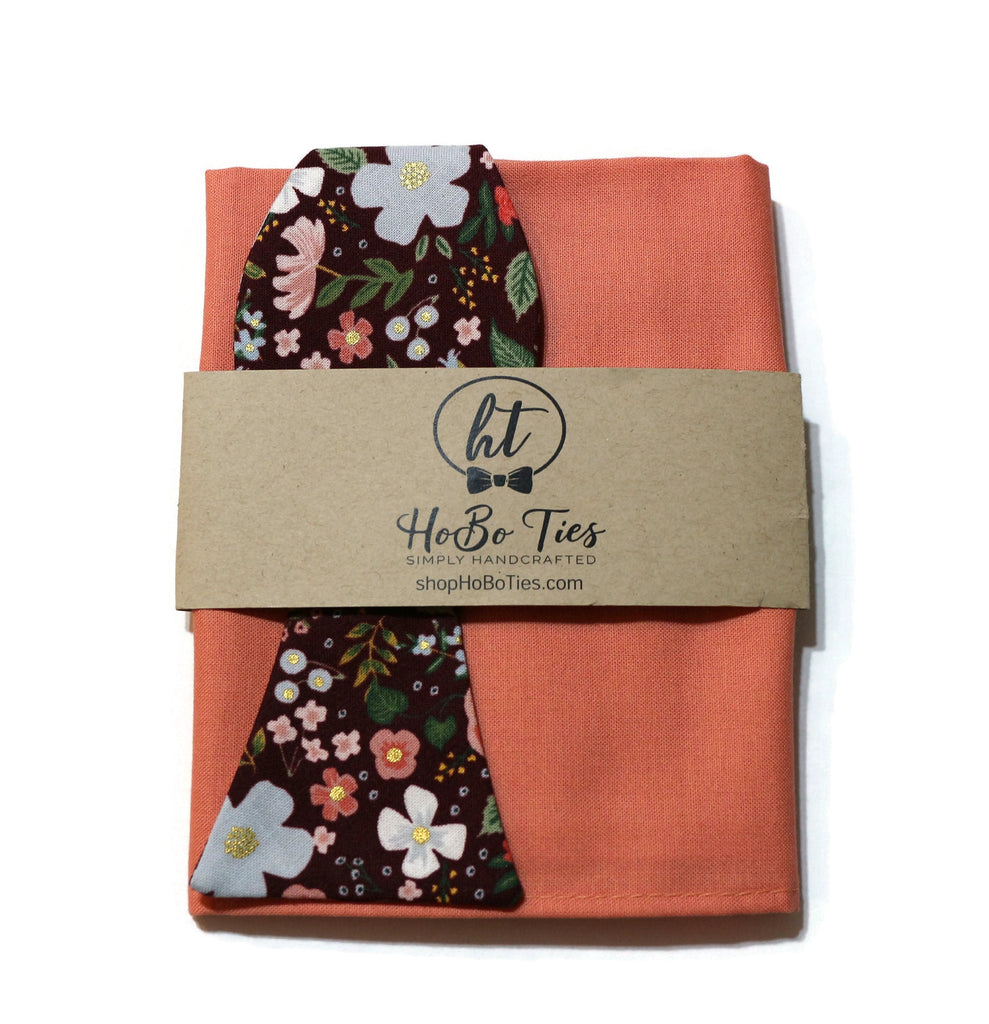 Burgundy Wild Rose Floral Bow Tie paired with a coral pocket square, handcrafted men’s accessories USA.
