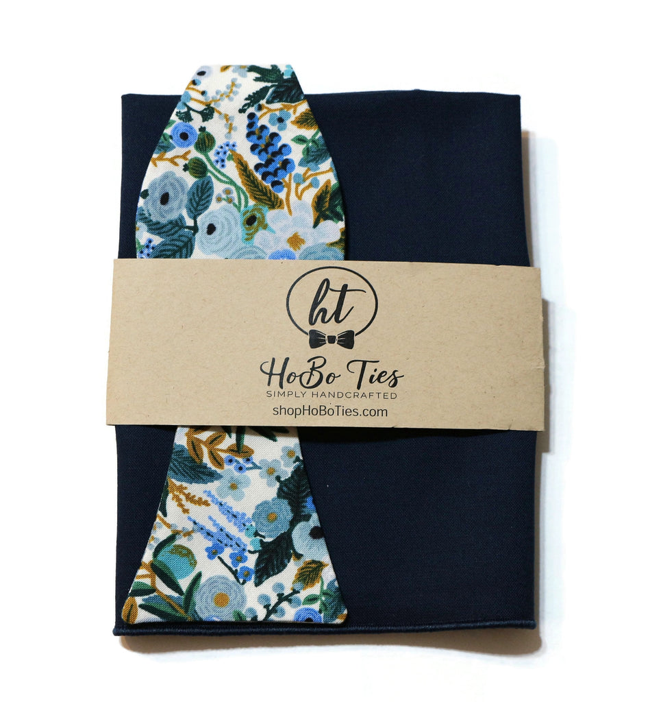 Blue Garden Party Petite Floral Bow Tie with navy pocket square, handcrafted neckties and men's accessories.