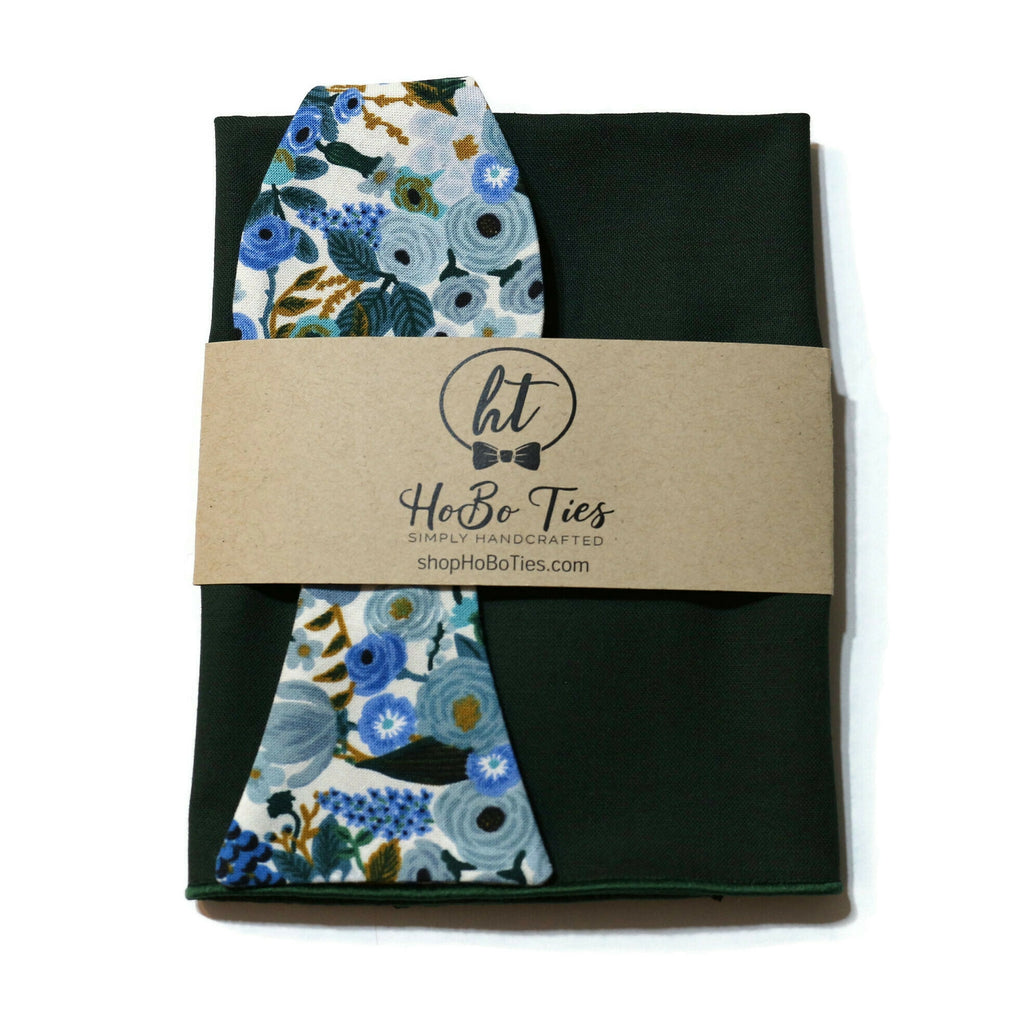 Blue Garden Party Petite Floral Bow Tie with matching pocket square for men’s wedding accessories.