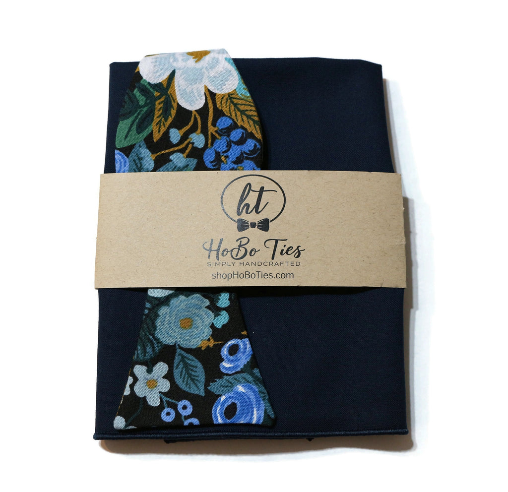 Blue Garden Party Floral Bow Tie paired with a navy pocket square, showcasing handcrafted neckties and handmade bow ties.