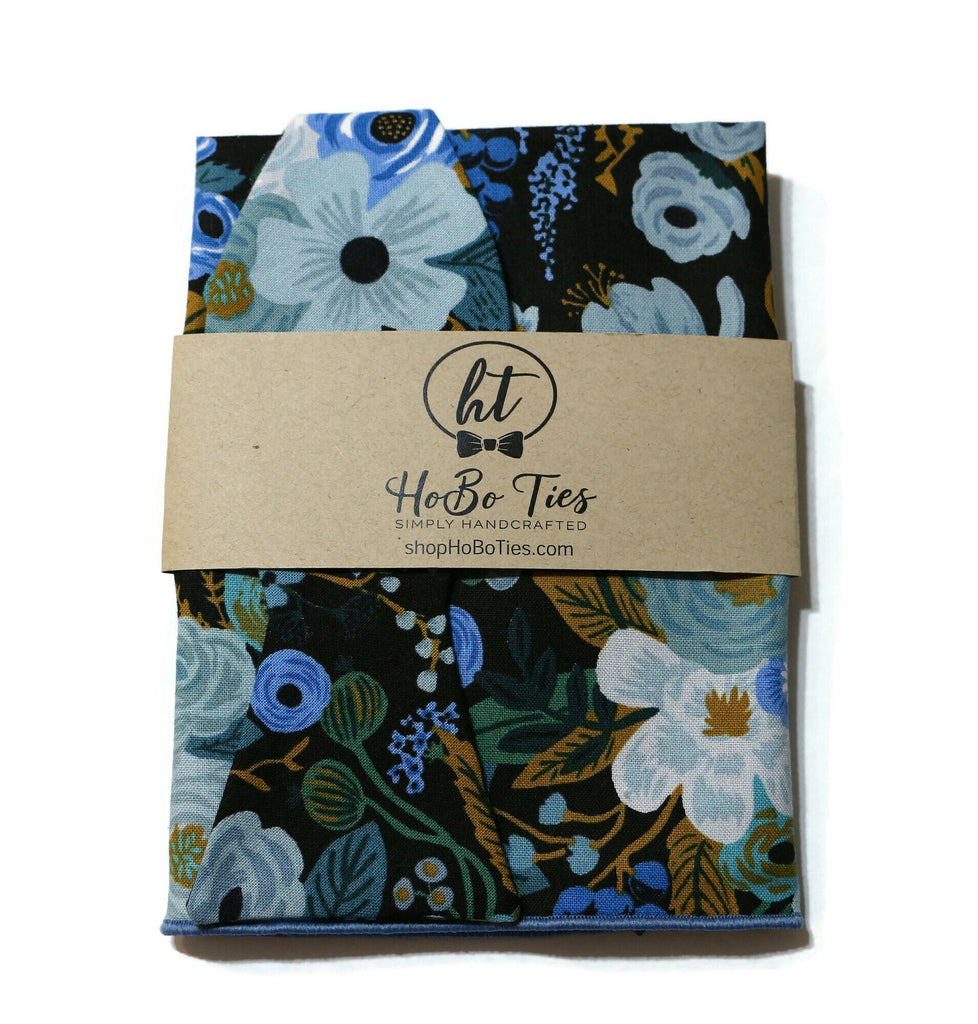 Blue Garden Party Floral Bow Tie handcrafted neckties in floral design with branding label.