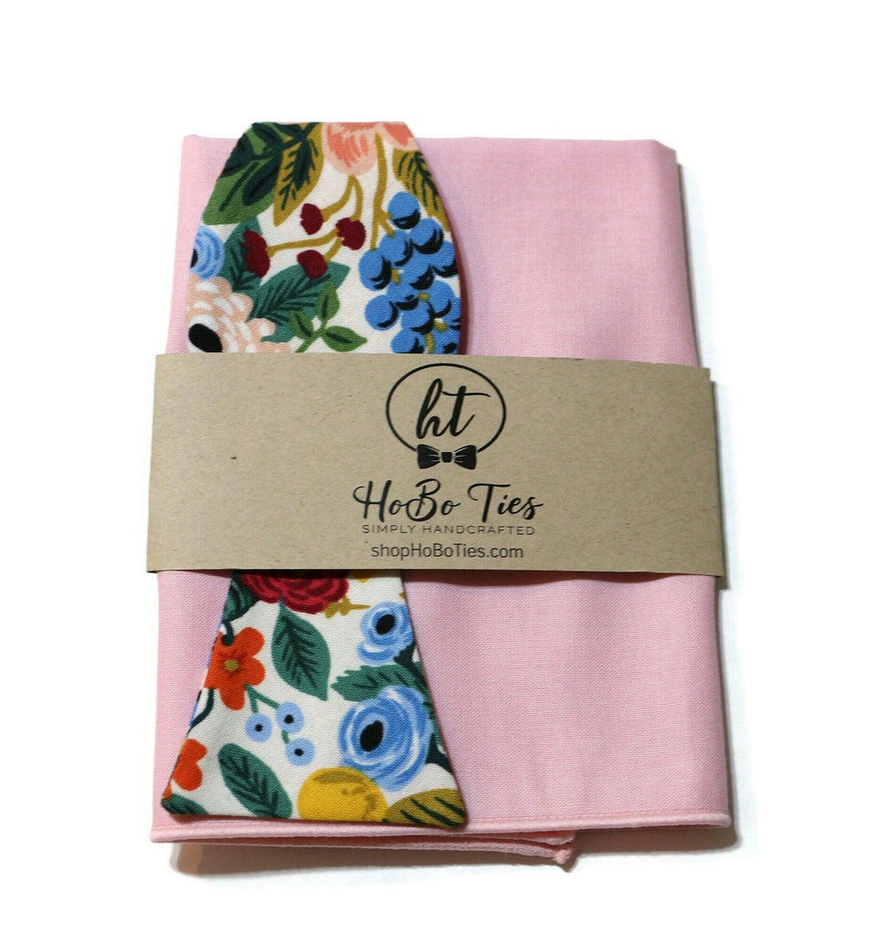 Cream Garden Party Floral Bow Tie with pink pocket square, perfect for wedding accessories for men.