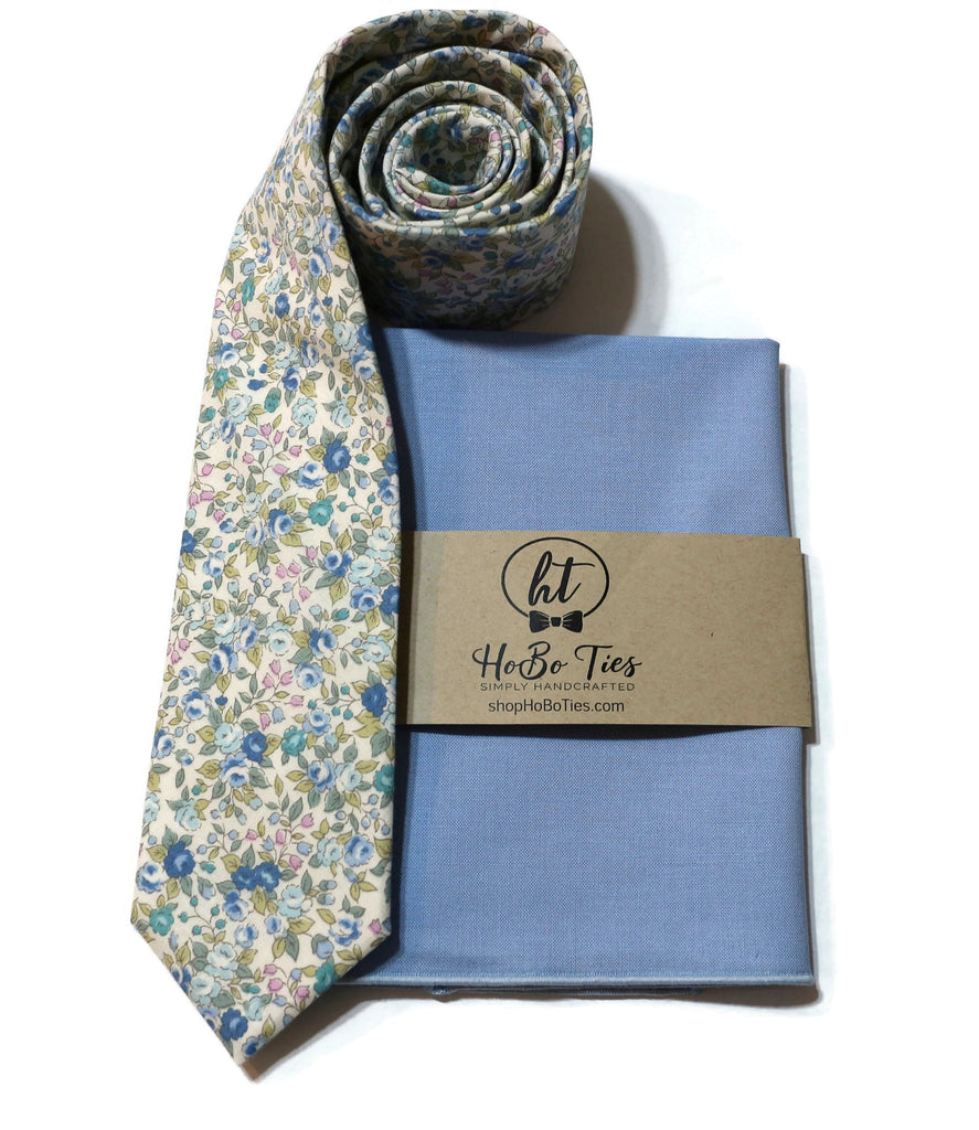 Blue & Sage Floral Necktie with matching pocket square for men, handcrafted neckties and wedding accessories.