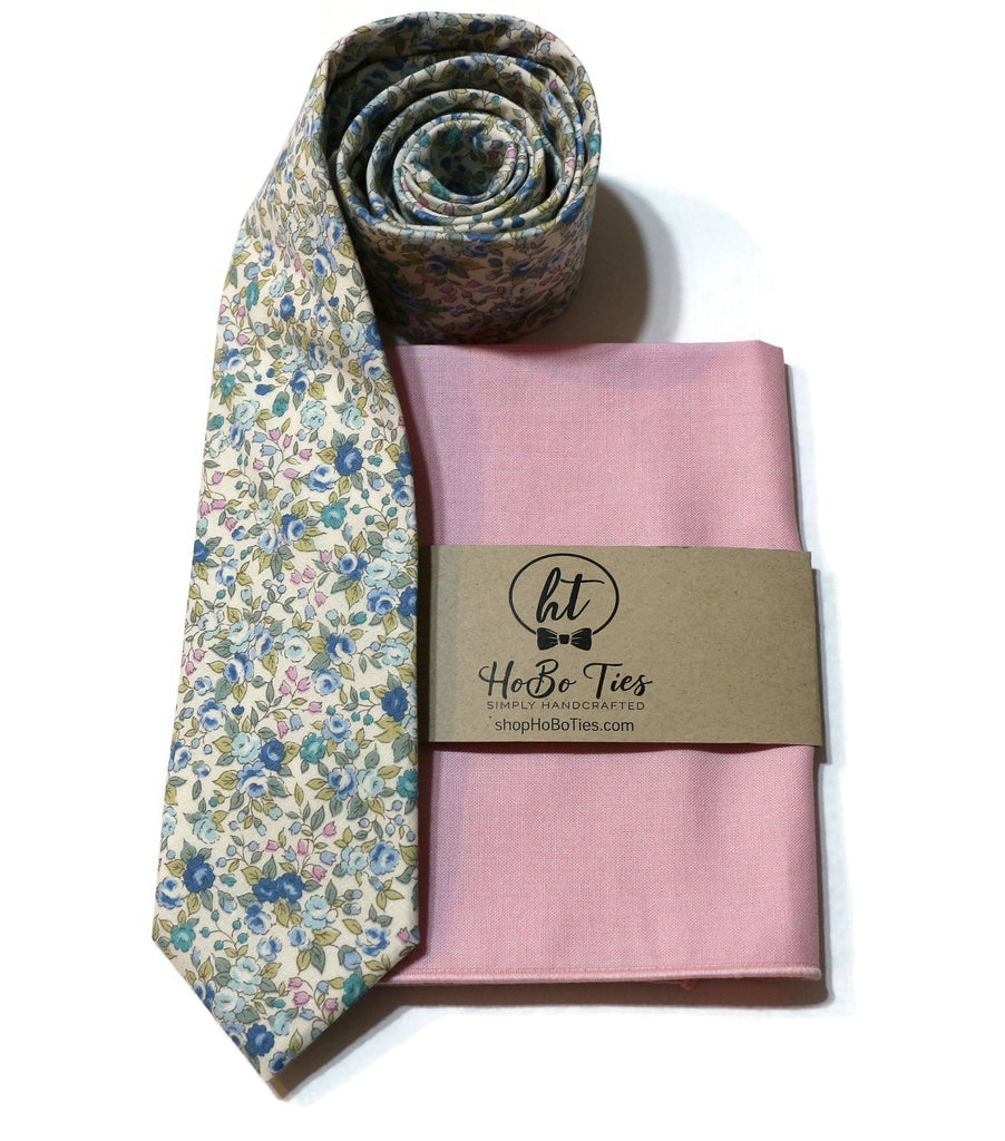Blue & Sage Floral Necktie with matching pocket square, ideal for weddings and formal wear accessories for men.