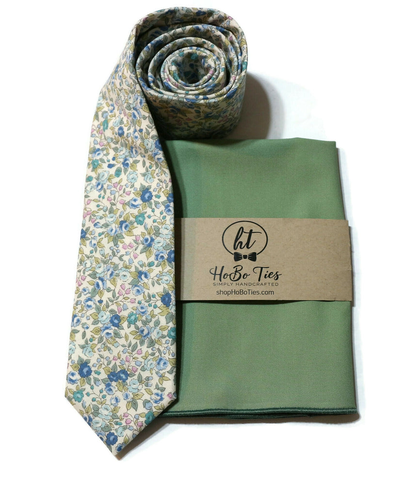 Blue & Sage Floral Necktie with matching pocket square, handcrafted neckties, and unique floral patterns.
