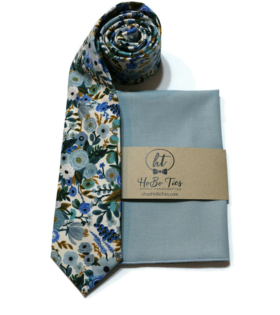 Blue Garden Party Petite Floral Necktie with matching pocket square, handcrafted neckties for men and boys, floral neckwear.