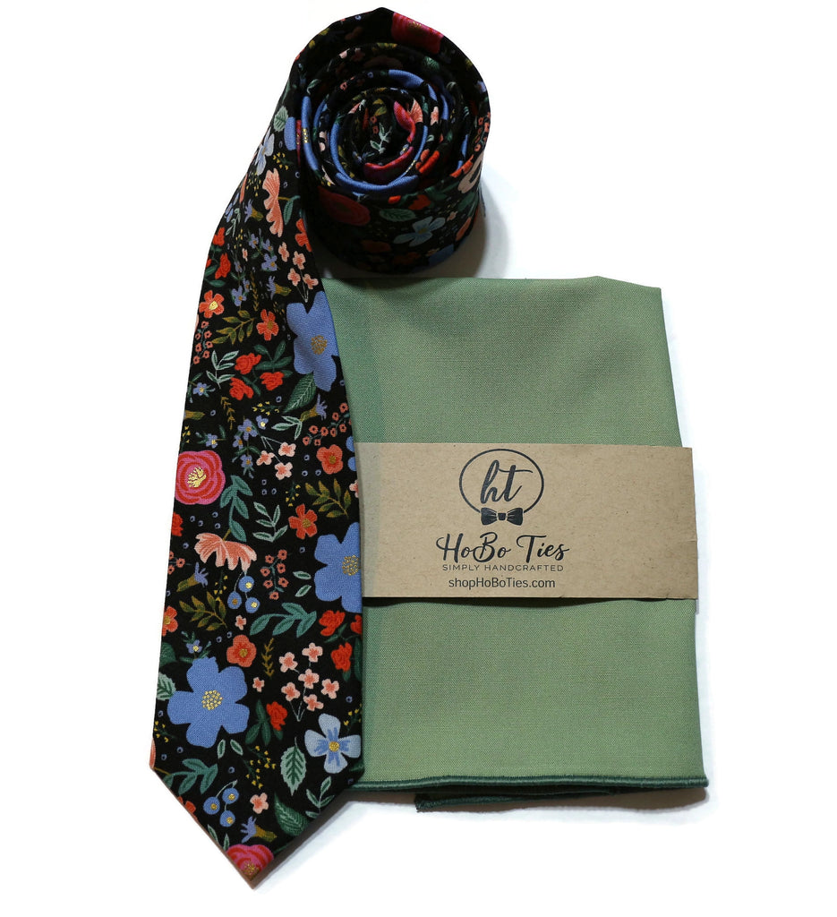 Black Wild Rose Floral Necktie with coordinating pocket square, perfect for men's formal wear accessories.