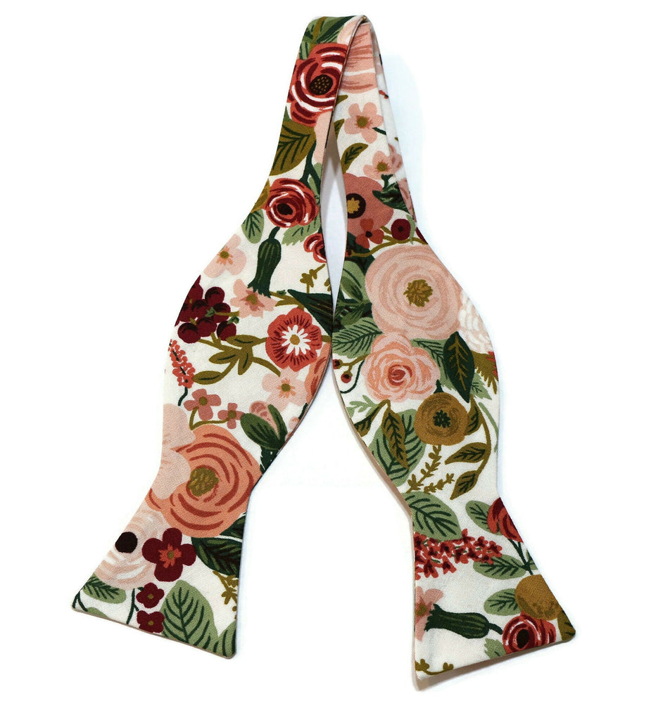 Rose Garden Party Floral Bow Tie handcrafted neckties, handmade bow ties for men and boys, unique floral patterns.